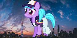 Size: 1600x800 | Tagged: safe, anonymous editor, artist:fruft, edit, azure velour, earth pony, pony, g4, background pony, baseball cap, cap, china, clothes, female, giant pony, giantess, guangzhou, hat, highrise ponies, irl, macro, mare, pants, photo, ponies in real life, solo