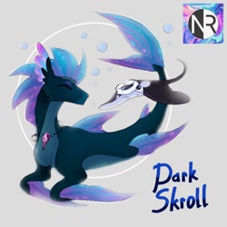 Size: 1080x1080 | Tagged: safe, artist:anoraknr, oc, oc only, oc:dark skroll, hippogriff, manta ray, merpony, sea pony, seapony (g4), blue mane, bubble, cute, digital art, dorsal fin, eyes closed, fins, fish tail, flowing tail, gem, gray background, happy, hippogriff oc, jewelry, logo, male, necklace, ocean, pearl necklace, seapony oc, signature, simple background, smiling, solo, stallion, swimming, tail, underwater, water