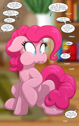 Size: 1250x2000 | Tagged: safe, artist:runningtoaster, pinkie pie, earth pony, pony, g4, blurry background, cheek bulge, dialogue, eating, female, floppy ears, full mouth, human to pony, implied pinkie pie, male to female, mare, offscreen character, onomatopoeia, pinpoint eyes, raised hoof, requested art, shocked, solo, speech bubble, squatting, transformation, transformed, transgender transformation, twinning, unwilling, unwilling transformation, wide eyes
