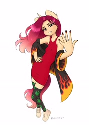 Size: 2480x3508 | Tagged: safe, artist:katputze, oc, oc only, oc:crimson sunset, unicorn, anthro, plantigrade anthro, bare shoulders, clothes, coat, dress, eyeshadow, female, high res, jewelry, kneesocks, looking at you, makeup, mare, nail polish, ring, shoes, signature, simple background, sleeveless, sneakers, socks, solo, white background