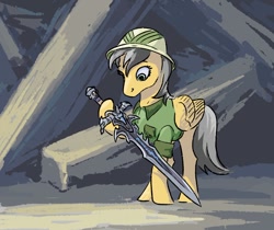Size: 902x759 | Tagged: safe, artist:adeptus-monitus, daring do, pegasus, pony, g4, female, folded wings, frostmourne, holding, looking at something, mare, ruins, solo, standing, sword, warcraft, weapon, wings
