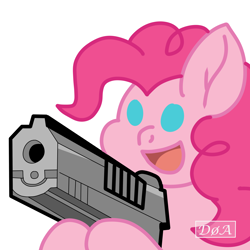 Size: 4092x4092 | Tagged: safe, artist:doaart, pinkie pie, earth pony, pony, g4, commission, gun, handgun, hoof hold, meme, pistol, simple background, solo, this will end in death, this will end in tears, this will end in tears and/or death, weapon, white background, xk-class end-of-the-world scenario, ych result