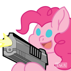 Size: 4092x4092 | Tagged: safe, artist:doaart, edit, pinkie pie, earth pony, pony, g4, commission, gun, handgun, hoof hold, meme, pistol, simple background, solo, this will end in death, this will end in tears, this will end in tears and/or death, weapon, white background, xk-class end-of-the-world scenario, your character here