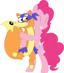 Size: 3111x3569 | Tagged: safe, artist:porygon2z, pinkie pie, earth pony, fox, pony, g4, bipedal, countershading, cute, diapinkes, dora the explorer, duo, duo male and female, eyes closed, female, happy, high res, hug, male, simple background, smiling, standing, swiper the fox, transparent background