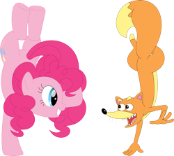 Size: 3539x3150 | Tagged: safe, artist:porygon2z, pinkie pie, earth pony, fox, pony, g4, countershading, dora the explorer, handstand, high res, simple background, swiper the fox, transparent background, unmasked, upside down