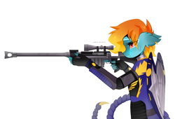 Size: 2200x1500 | Tagged: safe, artist:zlatavector, oc, oc only, oc:burning gold, pegasus, anthro, fallout equestria, commission, female, simple background, sniper, solo, weapon, white background