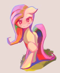 Size: 823x1000 | Tagged: safe, artist:solid shrimp, fluttershy, pegasus, pony, g4, beige background, blush sticker, blushing, colorful, crossed hooves, female, floppy ears, full face view, looking at you, mare, raised hoof, simple background, smiling, smiling at you, solo, standing