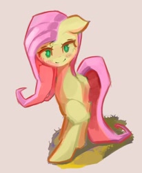 Size: 823x1000 | Tagged: safe, alternate version, artist:solid shrimp, fluttershy, pegasus, pony, g4, beige background, blush sticker, blushing, crossed hooves, female, floppy ears, full face view, looking at you, mare, raised hoof, simple background, smiling, smiling at you, solo, standing