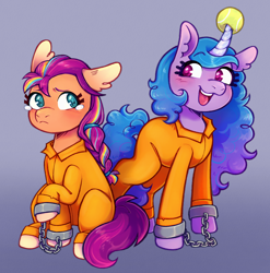 Size: 1892x1916 | Tagged: safe, artist:hecctwo, izzy moonbow, sunny starscout, earth pony, pony, unicorn, g5, ball, blushing, clothes, commissioner:rainbowdash69, cuffed, cuffs, embarrassed, female, gradient background, horn, hornball, izzy's tennis ball, mane stripe sunny, mare, never doubt rainbowdash69's involvement, prison outfit, prisoner, prisoner im, prisoner ss, shackles, teary eyes, tennis ball