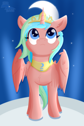 Size: 1425x2139 | Tagged: safe, artist:exobass, oc, oc:hammonia, alicorn, pony, alicorn oc, crown, female, horn, jewelry, looking up, mare, moon, princess of tides, regalia, solo, wings