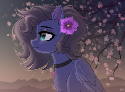 Size: 2700x2000 | Tagged: safe, artist:hakaina, oc, oc only, oc:kennel nightshade, pegasus, pony, cherry blossoms, chest fluff, collar, ear fluff, fangs, female, flower, flower blossom, flower in hair, high res, mare, pegasus oc, solo, tree