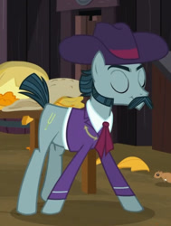 Size: 721x955 | Tagged: safe, screencap, turner mccolt, earth pony, pony, g4, season 5, the hooffields and mccolts, clothes, eyebrows, eyes closed, facial hair, hat, male, mccolt family, moustache, sideburns, solo, stallion, suit