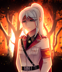 Size: 2460x2840 | Tagged: safe, artist:opal_radiance, oc, oc only, oc:opal rosamond, human, campfire, eye clipping through hair, eyebrows, eyebrows visible through hair, female, fire, frown, high res, human oc, humanized, looking down, marshallow, solar empire, solo, yeet