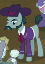 Size: 693x980 | Tagged: safe, screencap, dusty mccolt, rosy riveter, turner mccolt, earth pony, pony, g4, the hooffields and mccolts, angry, clothes, eyebrows, facial hair, hat, male, mccolt family, moustache, sideburns, solo focus, stallion, suit