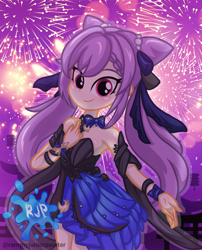 Size: 2015x2490 | Tagged: safe, artist:rjp.rammy, human, equestria girls, g4, bare shoulders, clothes, crossover, dress, equestria girls style, equestria girls-ified, fan, female, fireworks, formal, genshin impact, hand fan, high res, keqing (genshin impact), outfit, sleeveless, sleeveless dress, solo