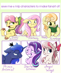 Size: 1250x1500 | Tagged: safe, artist:candy meow, angel wings, fluttershy, junebug, posey bloom, princess luna, starlight glimmer, alicorn, earth pony, pegasus, pony, unicorn, g4, g5, angry, annoyed, book, bow, chest fluff, crown, ear fluff, female, floppy ears, gradient background, grin, jewelry, looking back, looking sideways, male, mare, nervous, nervous smile, prince artemis, reading, regalia, rule 63, shaking, simple background, six fanarts, smiling, stallion, unshorn fetlocks