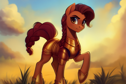 Size: 2304x1536 | Tagged: safe, ai assisted, ai content, generator:pony diffusion v4, generator:stable diffusion, prompter:siber, oc, oc only, oc:honour bound, earth pony, pony, fanfic:everyday life with guardsmares, armor, armored pony, braid, brown coat, brown eyes, brown hair, brown mane, brown tail, cloud, earth pony oc, female, grass, guardsmare, mare, raised hoof, royal guard, sky, solo, tail, tail wrap, tied mane