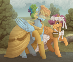 Size: 3500x3000 | Tagged: safe, artist:monnarcha, rainbow dash, scootaloo, pegasus, pony, g4, basket, clothes, dress, flower, flower in hair, high res, rainbow dash always dresses in style