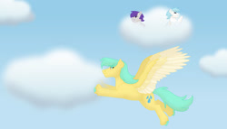 Size: 1280x732 | Tagged: safe, artist:itstechtock, cotton cloudy, sunshower raindrops, tornado bolt, pegasus, pony, g4, cloud, female, filly, foal
