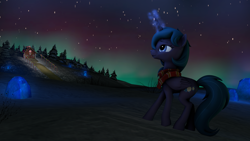 Size: 1920x1080 | Tagged: safe, artist:skyarrow, oc, oc only, oc:melancholy sunset, alicorn, pony, 3d, aurora borealis, clothes, female, mare, night, scarf, snow, solo, source filmmaker, stars, striped scarf, winter