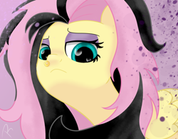 Size: 1380x1080 | Tagged: safe, artist:reinbou, fluttershy, pegasus, pony, g4, goth, looking at you, looking down, looking down at you, simple background, solo