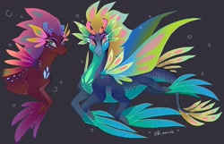 Size: 1673x1080 | Tagged: safe, artist:anoraknr, oc, oc only, dragon, hybrid, merpony, original species, sea dragon, seapony (g4), black background, blue eyes, bubble, colored pupils, colored wings, digital art, dorsal fin, duo, eyelashes, eyeshadow, fin wings, fins, fish tail, flowing mane, flowing tail, horns, hybrid oc, looking at you, makeup, multicolored wings, ocean, pink eyes, signature, simple background, sketch, swimming, tail, underwater, water, wings