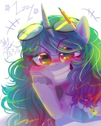 Size: 1080x1350 | Tagged: safe, artist:jully-park, izzy moonbow, pony, unicorn, g5, bracelet, glasses, hooves, horn, jewelry, lineless, looking at you, pen, simple background, smiling, smiling at you, solo, white background