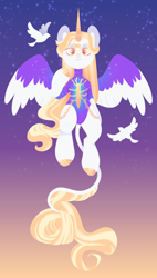 Size: 1080x1896 | Tagged: safe, artist:glowfangs, oc, alicorn, bird, dove, pony, alicorn oc, colored wings, female, horn, mare, solo, two toned wings, wings