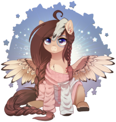 Size: 2091x2200 | Tagged: safe, alternate character, alternate version, artist:avrameow, part of a set, oc, oc only, oc:ondrea, pegasus, pony, ahoge, braid, clothes, commission, cute, ear fluff, ear piercing, earring, female, high res, jewelry, looking at you, mare, oversized clothes, pale belly, pegasus oc, piercing, simple background, sitting, skull, solo, spread wings, sweater, transparent background, wings, ych result