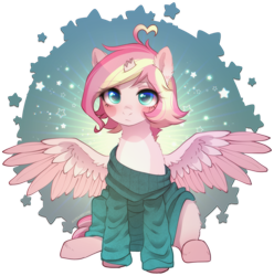 Size: 2091x2112 | Tagged: safe, alternate character, alternate version, artist:avrameow, part of a set, oc, oc only, pegasus, pony, broken horn, clothes, commission, high res, horn, oversized clothes, pegasus oc, simple background, solo, sweater, transparent background, wings, ych result