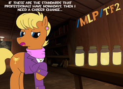 Size: 3507x2550 | Tagged: safe, ms. harshwhinny, earth pony, pony, g4, /mlp/ tf2 general, book, bookshelf, dialogue, female, high res, jar, jarate, mare, pee in container, solo, team fortress 2, text, urine