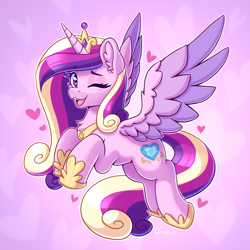 Size: 2480x2480 | Tagged: safe, artist:dandy, princess cadance, alicorn, pony, g4, :3, chest fluff, colored wings, crown, cute, cutedance, ear fluff, eyebrows, eyebrows visible through hair, female, heart, heart eyes, high res, horn, jewelry, looking at you, mare, multicolored wings, one eye closed, open mouth, open smile, regalia, simple background, smiling, smiling at you, solo, spread wings, wingding eyes, wings, wink, winking at you