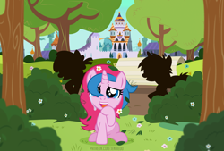 Size: 1200x809 | Tagged: safe, artist:jennieoo, oc, oc:star sparkle, pony, unicorn, bush, canterlot, crying, female, filly, flower, flower in hair, foal, happy, show accurate, smiling, solo, tears of joy