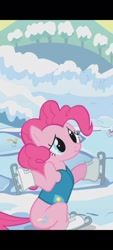 Size: 1080x2400 | Tagged: safe, screencap, pinkie pie, earth pony, pony, winter wrap up, cropped, female, frown, ice skates, mare, shrug, skates, solo focus