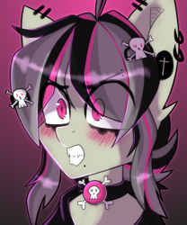 Size: 2000x2400 | Tagged: safe, artist:etoz, oc, oc only, oc:gravel shine, bat pony, angry, bat pony oc, bust, choker, clothes, collar, ear piercing, earring, emo, eyebrow piercing, eyebrows, eyebrows visible through hair, fangs, gradient background, hairpin, high res, jewelry, lip piercing, makeup, male, piercing, shy, sketch, skull, snake bites, solo, stallion, teeth, tsundere