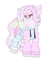 Size: 2000x2400 | Tagged: safe, artist:etoz, oc, oc only, oc:kōyō, bat pony, pony, angry, bandaid, bandaid on nose, bat pony oc, clothes, eyebrows, fangs, female, freckles, high res, hoodie, looking at someone, mare, multicolored hair, multicolored mane, ribbon, simple background, socks, solo, striped socks, white background