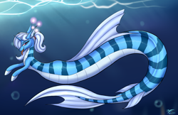Size: 2958x1919 | Tagged: safe, artist:xyi, oc, oc only, oc:triksa, hybrid, lamia, original species, pony, seapony (g4), unicorn, bubble, crepuscular rays, digital art, dorsal fin, eyelashes, fangs, female, fins, fish tail, floppy ears, flowing tail, glowing, high res, horn, hybrid oc, lidded eyes, mare, ocean, open mouth, seaponified, seaweed, signature, species swap, sunlight, swimming, tail, teeth, underwater, water, white mane