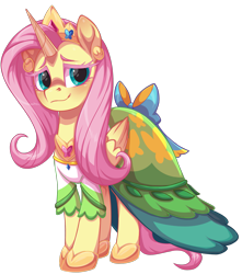 Size: 1671x1890 | Tagged: safe, artist:moonseeker, fluttershy, alicorn, pony, g4, alicornified, clothes, crown, dress, female, fluttercorn, horn, jewelry, mare, princess fluttershy, race swap, regalia, simple background, solo, transparent background, wings