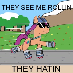Size: 1773x1773 | Tagged: safe, artist:sketchyboi25, sunny starscout, earth pony, pony, g5, chamillionaire, ridin, roller skates, skates, solo, song reference, sunglasses