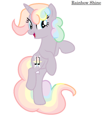 Size: 798x935 | Tagged: safe, artist:harmonicdreemur1308, oc, oc only, oc:rainbow shine, pony, unicorn, eyelashes, female, horn, mare, multicolored hair, rainbow hair, rearing, simple background, smiling, solo, unicorn oc, white background