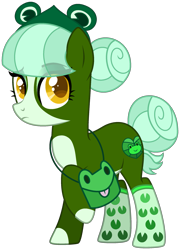 Size: 1695x2352 | Tagged: safe, artist:strawberry-spritz, oc, oc only, earth pony, frog, pony, bag, base used, clothes, earth pony oc, eye clipping through hair, eyebrows, female, headband, lilypad, mare, raised eyebrow, simple background, socks, solo, transparent background