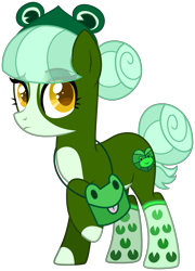 Size: 1695x2352 | Tagged: safe, artist:strawberry-spritz, oc, oc only, earth pony, frog, pony, g4, bag, base used, clothes, earth pony oc, eye clipping through hair, eyebrows, female, headband, lilypad, mare, raised eyebrow, simple background, socks, solo, transparent background