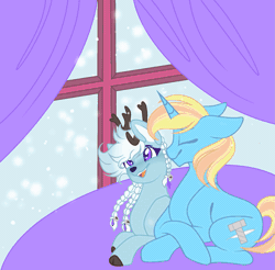 Size: 1645x1620 | Tagged: safe, artist:laceyscreations, oc, oc only, oc:coco chaude, oc:skydreams, deer, pony, reindeer, unicorn, animated, base used, braid, commission, curtains, female, sitting, snow, snowfall, window, ych result