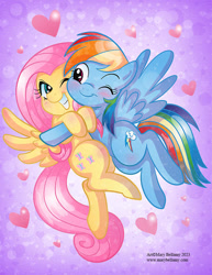 Size: 600x777 | Tagged: safe, artist:marybellamy, fluttershy, rainbow dash, pegasus, pony, g4, blushing, cheek to cheek, cute, duo, duo female, female, floating heart, gradient background, heart, hug, lesbian, looking at each other, looking at someone, one eye closed, one eye open, purple background, ship:flutterdash, shipping, simple background, smiling, spread wings, wings