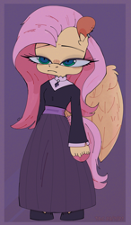 Size: 1377x2351 | Tagged: safe, artist:thealleycatc8, fluttershy, pegasus, semi-anthro, g4, arm hooves, clothes, dress, eyelashes, fluttergoth, goth, purple background, simple background, solo, unshorn fetlocks, wings