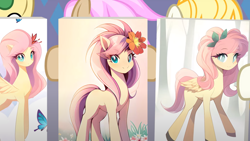 Size: 1280x721 | Tagged: safe, artist:agrol, fluttershy, huckleberry, strawberry scoop, sugar cookie, butterfly, g4, bust, cute, flower, flower in hair, friendship student, portrait, shyabetes, the element of kindness
