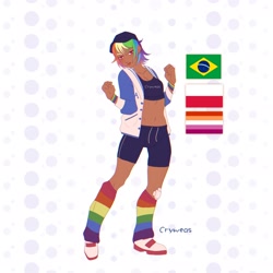 Size: 2048x2048 | Tagged: safe, artist:cryweas, rainbow dash, human, g4, alternate hairstyle, bandaid, belly button, brazil, clothes, dark skin, ear piercing, earring, female, high res, humanized, jacket, jewelry, leg warmers, lesbian pride flag, midriff, piercing, poland, pride, pride flag, reference sheet, shoes, shorts, sneakers, solo, sports bra, sports shorts, varsity jacket