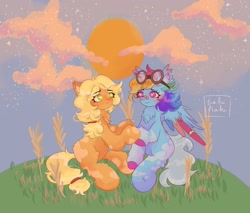 Size: 2000x1700 | Tagged: safe, artist:tafuflafu, applejack, rainbow dash, earth pony, pegasus, pony, g4, bandaid, bandaid on nose, chest fluff, coat markings, duo, female, goggles, goggles on head, heart, heart eyes, mare, wingding eyes