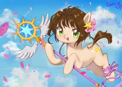 Size: 1510x1080 | Tagged: safe, artist:song_fantasy, earth pony, pony, cardcaptor sakura, female, filly, foal, open mouth, ponified, rose petals, sakura kinomoto, solo, staff