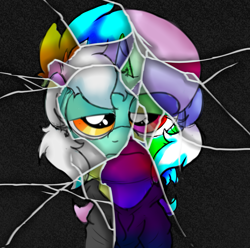Size: 1521x1507 | Tagged: safe, artist:background basset, lyra heartstrings, pony, unicorn, g4, broken, bust, clothes, dig the swell hoodie, hoodie, shattered, simple background, solo